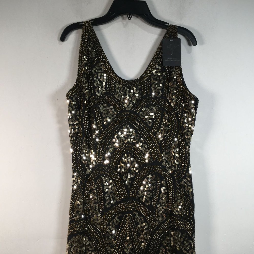 Women's VIJIV 1920s Vintage Inspired Sequin/Fringe Flapper Dress, Size S - Black - Picture 6 of 11